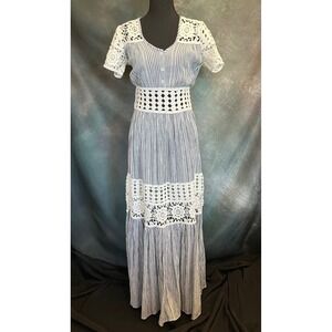 by Timo Striped Maxi Dress‎ Crochet Lace White Blue Short Sleeve Button Front